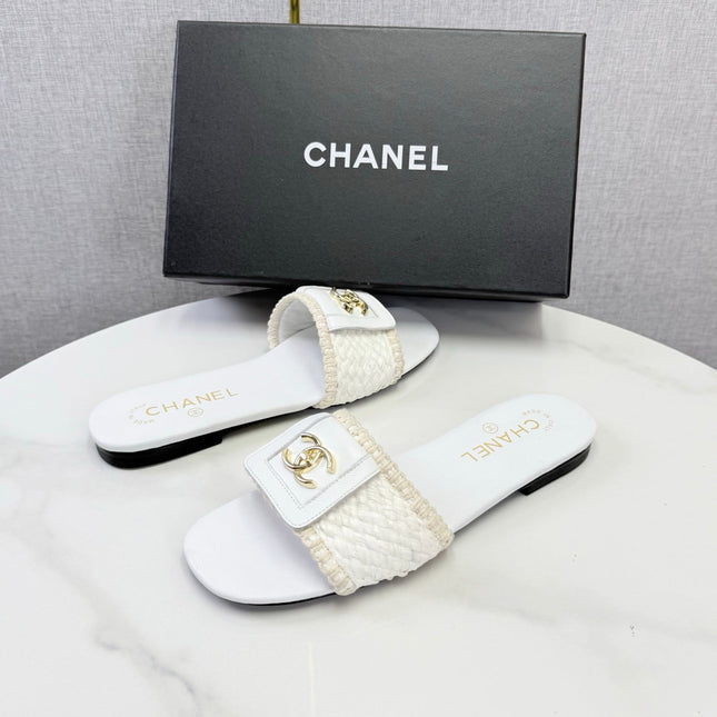 CHANEL 26S WOVEN STRAP SLIDES IN WHITE LAMBSKIN