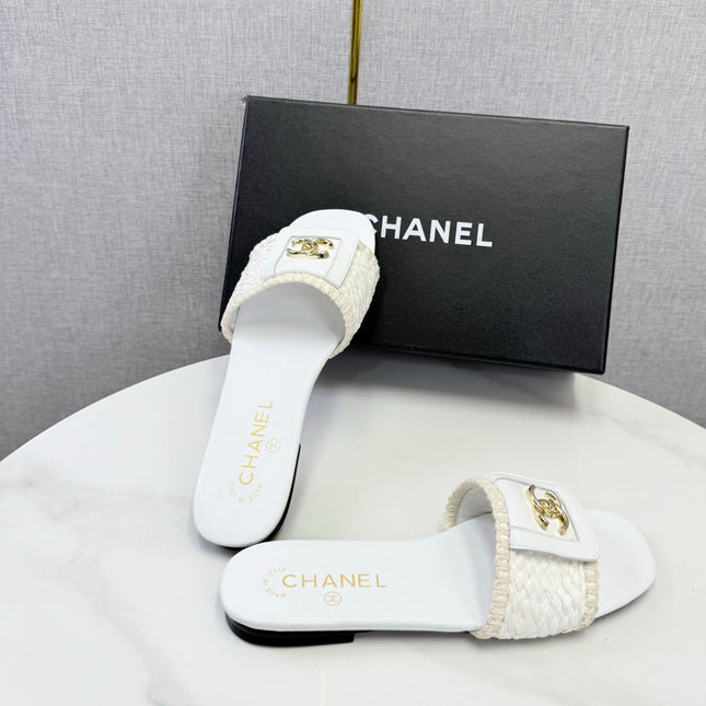 CHANEL 26S WOVEN STRAP SLIDES IN WHITE LAMBSKIN