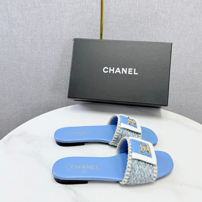 CHANEL 26S WOVEN STRAP SLIDES IN SKY BLUE LAMBSKIN