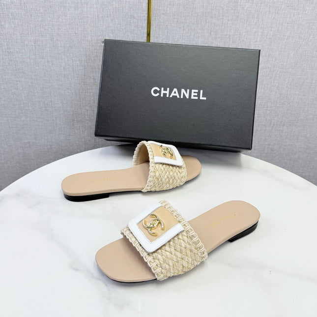 CHANEL 26S WOVEN STRAP SLIDES IN BEIGE LAMBSKIN
