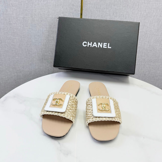 CHANEL 26S WOVEN STRAP SLIDES IN BEIGE LAMBSKIN