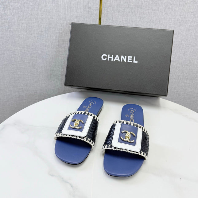 CHANEL 26S WOVEN STRAP SLIDES IN DARK BLUE LAMBSKIN