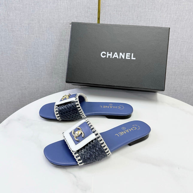 CHANEL 26S WOVEN STRAP SLIDES IN DARK BLUE LAMBSKIN