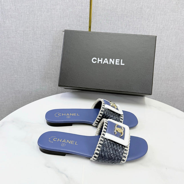 CHANEL 26S WOVEN STRAP SLIDES IN DARK BLUE LAMBSKIN