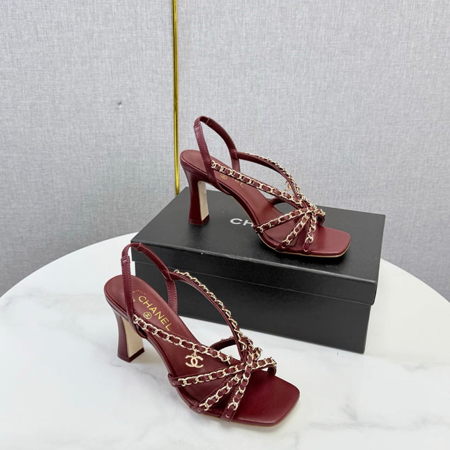 CHANEL 26S CHAIN STRAP HIGH HEELS 65 MM IN DARK RED LAMBSKIN