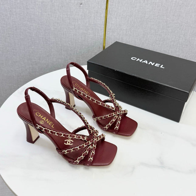 CHANEL 26S CHAIN STRAP HIGH HEELS 65 MM IN DARK RED LAMBSKIN
