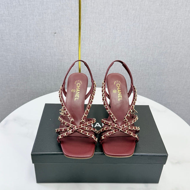 CHANEL 26S CHAIN STRAP HIGH HEELS 65 MM IN DARK RED LAMBSKIN