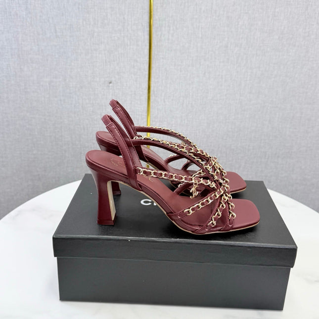 CHANEL 26S CHAIN STRAP HIGH HEELS 65 MM IN DARK RED LAMBSKIN