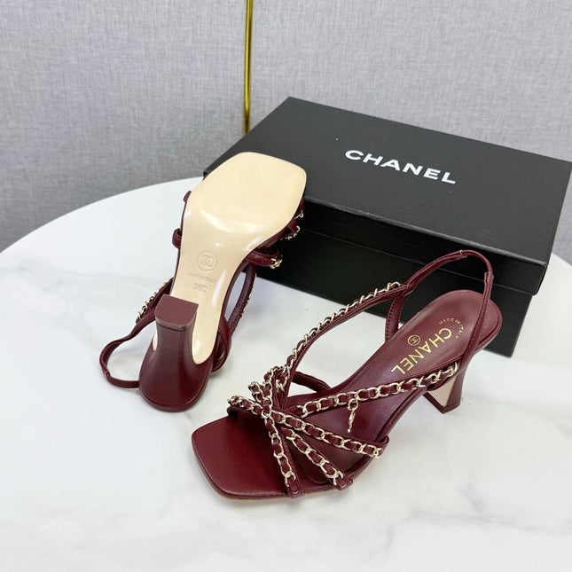 CHANEL 26S CHAIN STRAP HIGH HEELS 65 MM IN DARK RED LAMBSKIN