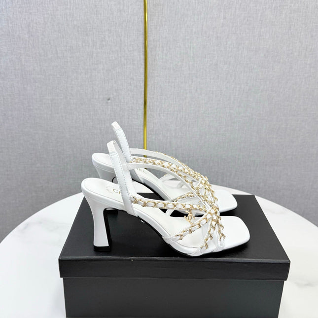CHANEL 26S CHAIN STRAP HIGH HEELS 65 MM IN WHITE LAMBSKIN