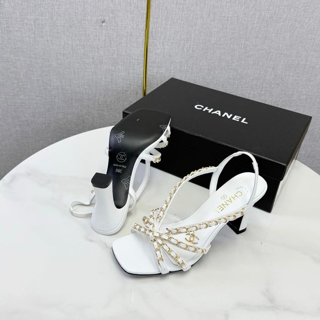 CHANEL 26S CHAIN STRAP HIGH HEELS 65 MM IN WHITE LAMBSKIN