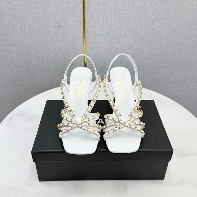 CHANEL 26S CHAIN STRAP HIGH HEELS 65 MM IN WHITE LAMBSKIN