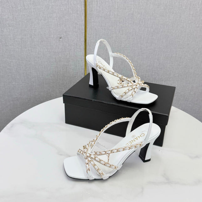 CHANEL 26S CHAIN STRAP HIGH HEELS 65 MM IN WHITE LAMBSKIN