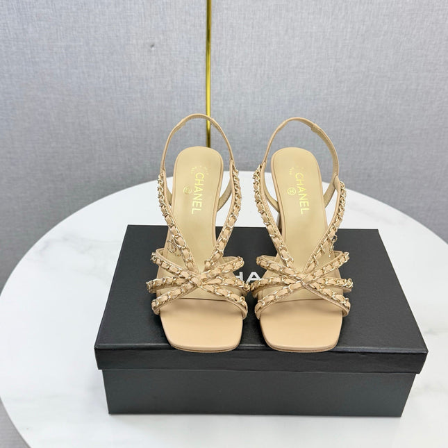 CHANEL 26S CHAIN STRAP HIGH HEELS 65 MM IN BEIGE LAMBSKIN