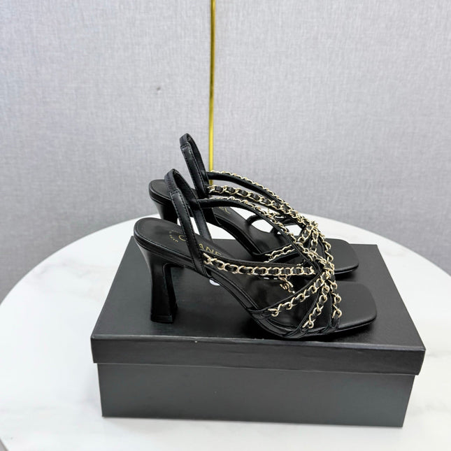 CHANEL 26S CHAIN STRAP HIGH HEELS 65 MM IN BLACK LAMBSKIN