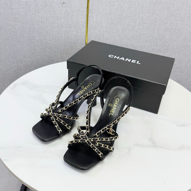 CHANEL 26S CHAIN STRAP HIGH HEELS 65 MM IN BLACK LAMBSKIN