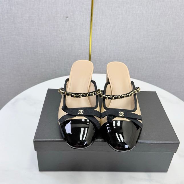 CHANEL 26S HIGH HEEL MULES 45 MM IN BEIGE AND BLACK LAMBSKIN