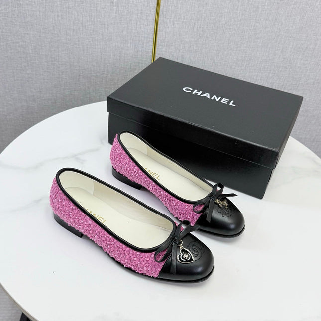 CHANEL 26S BALLET FLATS IN DARK PINK TWEED AND LAMBSKIN
