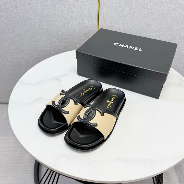 CHANEL 26S ICONIC CC SLIDES IN BEIGE LAMBSKIN