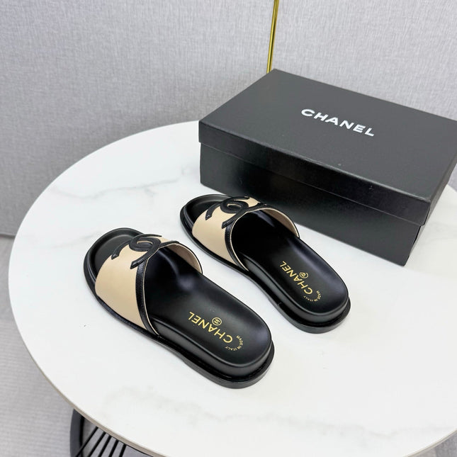 CHANEL 26S ICONIC CC SLIDES IN BEIGE LAMBSKIN