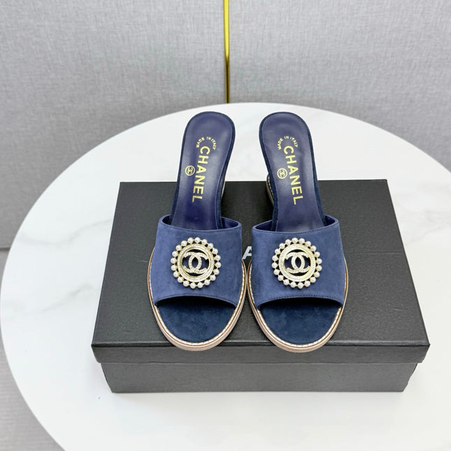CHANEL 26S WEDGE HEELS IN DARK BLUE SUEDE WITH CC PEARL EMBELLISHED