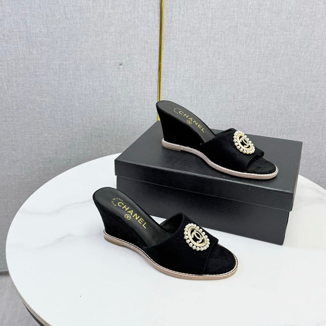 CHANEL 26S WEDGE HEELS IN BLACK SUEDE WITH CC PEARL EMBELLISHED