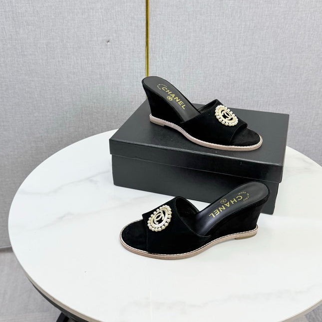 CHANEL 26S WEDGE HEELS IN BLACK SUEDE WITH CC PEARL EMBELLISHED