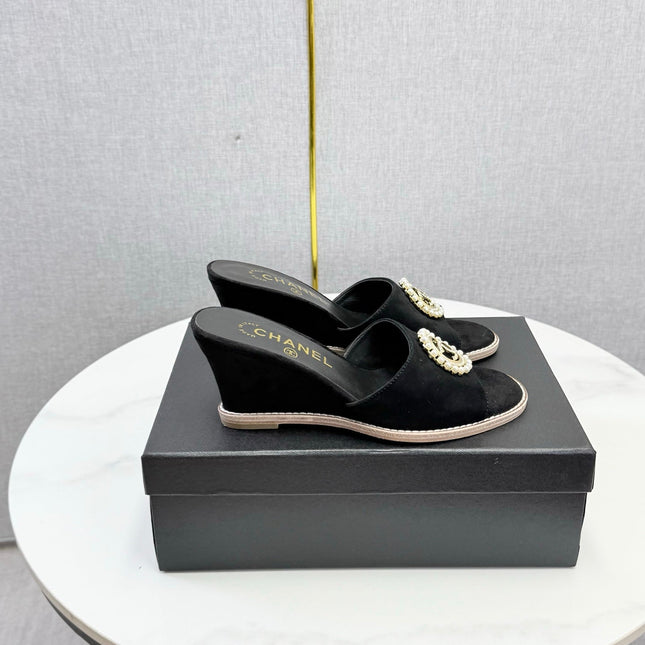 CHANEL 26S WEDGE HEELS IN BLACK SUEDE WITH CC PEARL EMBELLISHED