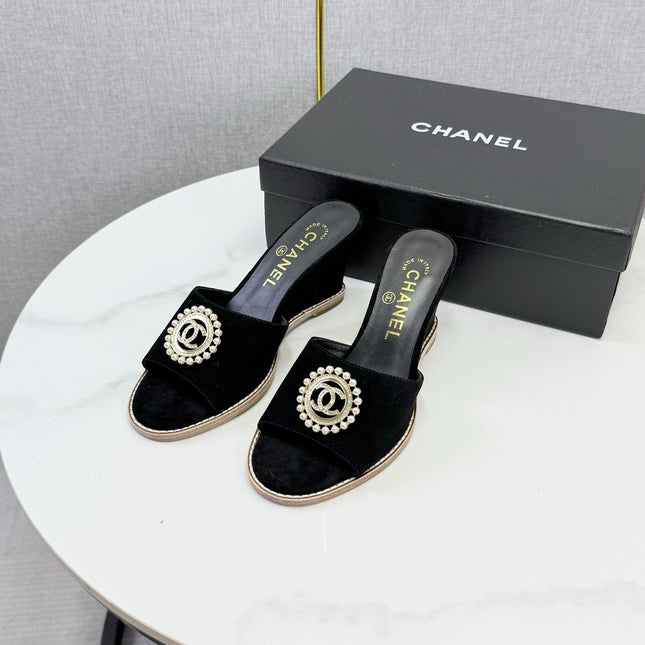 CHANEL 26S WEDGE HEELS IN BLACK SUEDE WITH CC PEARL EMBELLISHED