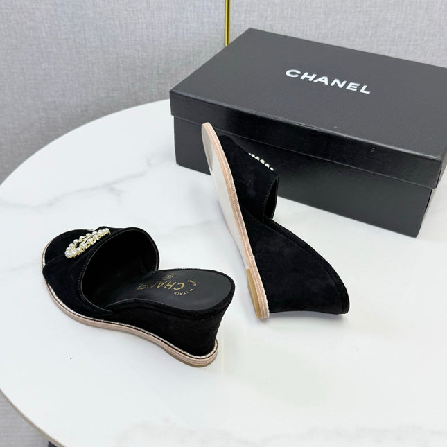 CHANEL 26S WEDGE HEELS IN BLACK SUEDE WITH CC PEARL EMBELLISHED