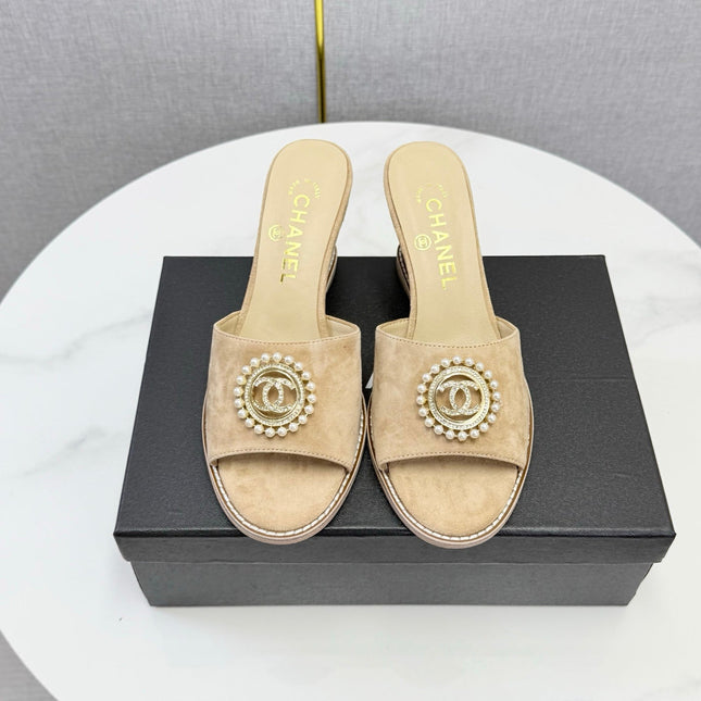 CHANEL 26S WEDGE HEELS IN BEIGE SUEDE WITH CC PEARL EMBELLISHED