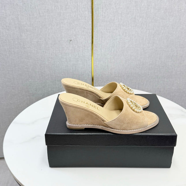 CHANEL 26S WEDGE HEELS IN BEIGE SUEDE WITH CC PEARL EMBELLISHED