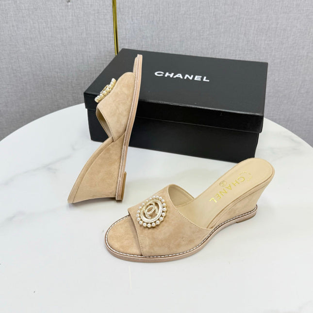 CHANEL 26S WEDGE HEELS IN BEIGE SUEDE WITH CC PEARL EMBELLISHED