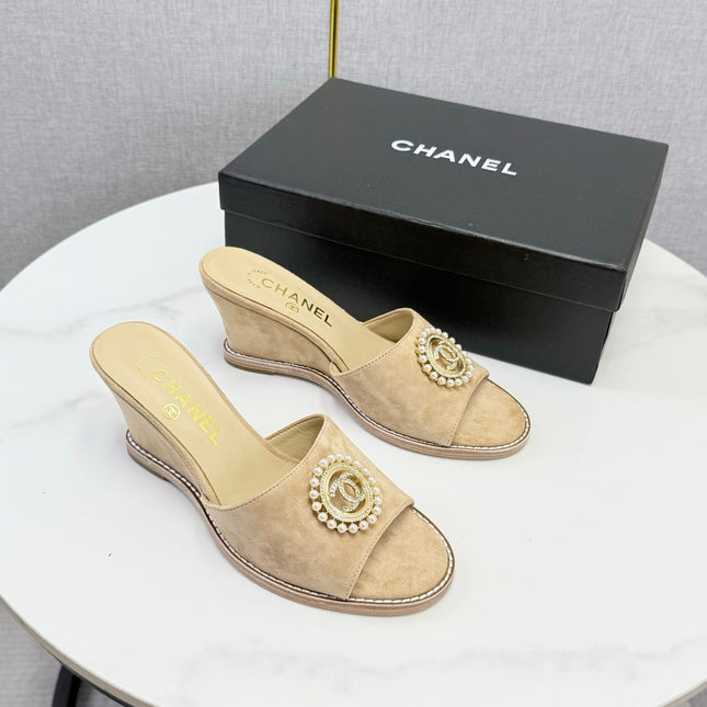 CHANEL 26S WEDGE HEELS IN BEIGE SUEDE WITH CC PEARL EMBELLISHED