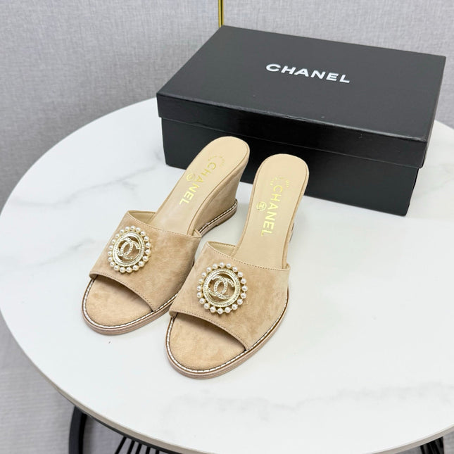 CHANEL 26S WEDGE HEELS IN BEIGE SUEDE WITH CC PEARL EMBELLISHED
