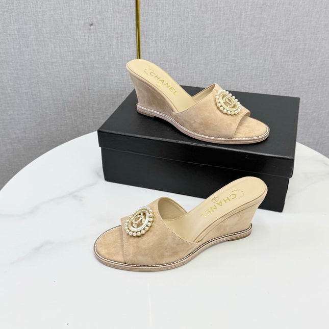 CHANEL 26S WEDGE HEELS IN BEIGE SUEDE WITH CC PEARL EMBELLISHED