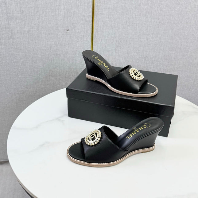 CHANEL 26S WEDGE HEELS IN BLACK LAMBSKIN WITH CC PEARL EMBELLISHED