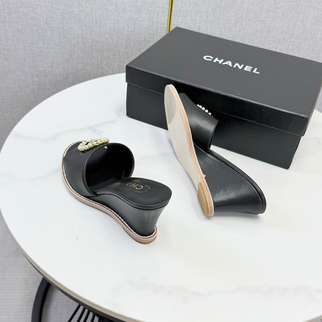 CHANEL 26S WEDGE HEELS IN BLACK LAMBSKIN WITH CC PEARL EMBELLISHED