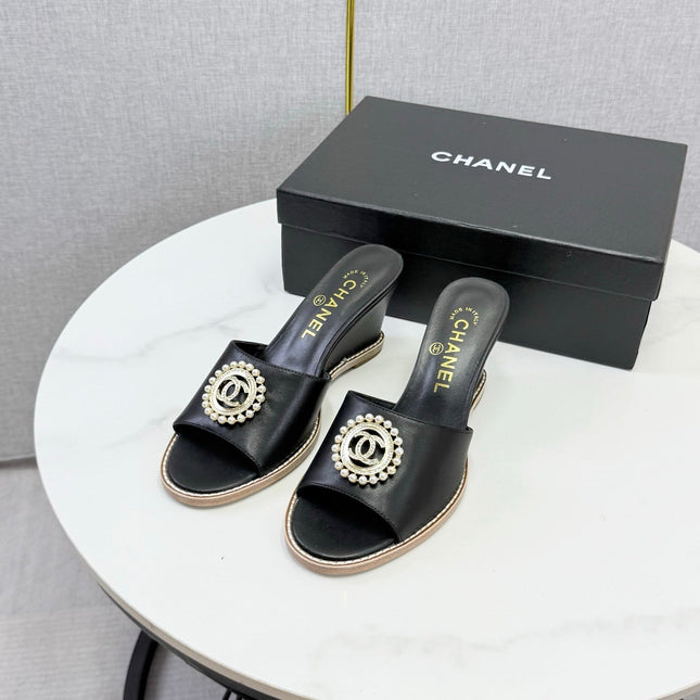CHANEL 26S WEDGE HEELS IN BLACK LAMBSKIN WITH CC PEARL EMBELLISHED