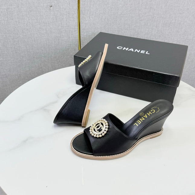 CHANEL 26S WEDGE HEELS IN BLACK LAMBSKIN WITH CC PEARL EMBELLISHED