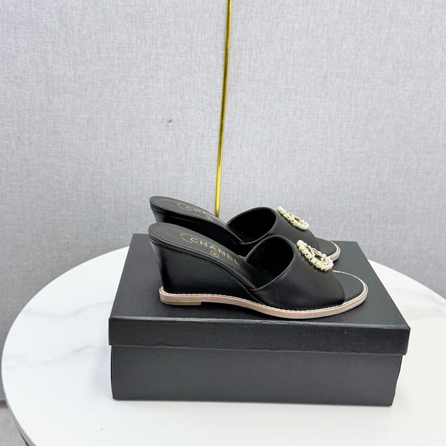 CHANEL 26S WEDGE HEELS IN BLACK LAMBSKIN WITH CC PEARL EMBELLISHED