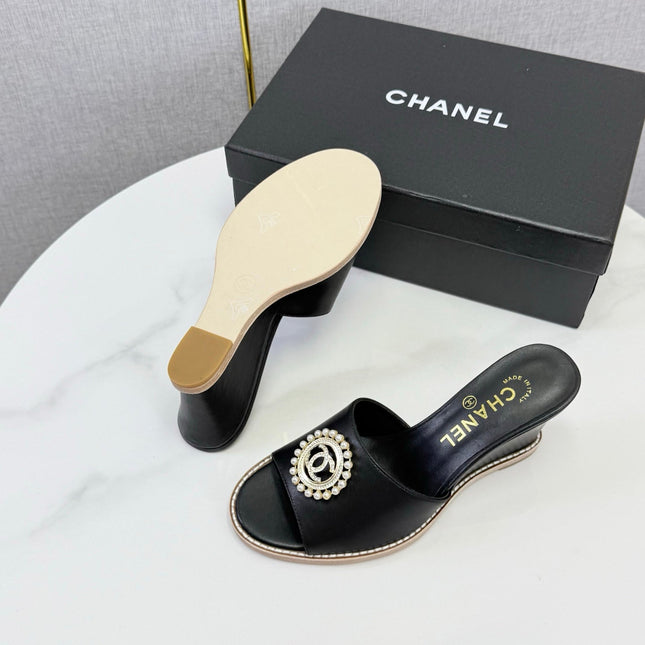 CHANEL 26S WEDGE HEELS IN BLACK LAMBSKIN WITH CC PEARL EMBELLISHED