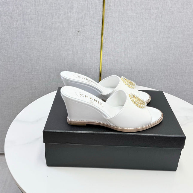 CHANEL 26S WEDGE HEELS IN WHITE LAMBSKIN WITH CC PEARL EMBELLISHED