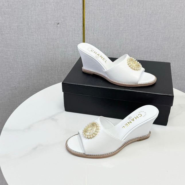 CHANEL 26S WEDGE HEELS IN WHITE LAMBSKIN WITH CC PEARL EMBELLISHED