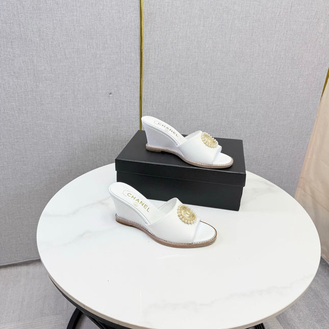 CHANEL 26S WEDGE HEELS IN WHITE LAMBSKIN WITH CC PEARL EMBELLISHED
