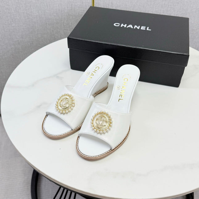 CHANEL 26S WEDGE HEELS IN WHITE LAMBSKIN WITH CC PEARL EMBELLISHED