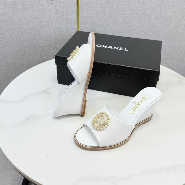 CHANEL 26S WEDGE HEELS IN WHITE LAMBSKIN WITH CC PEARL EMBELLISHED