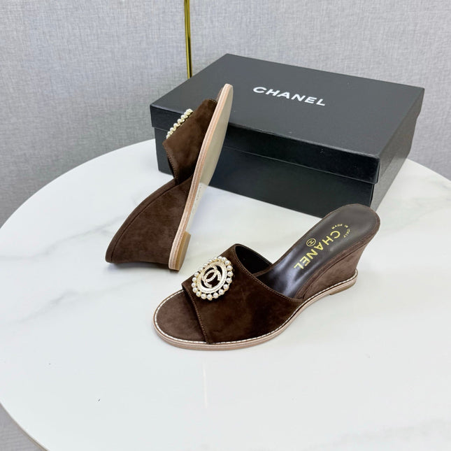CHANEL 26S WEDGE HEELS IN DARK BROWN SUEDE WITH CC PEARL EMBELLISHED