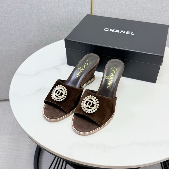 CHANEL 26S WEDGE HEELS IN DARK BROWN SUEDE WITH CC PEARL EMBELLISHED