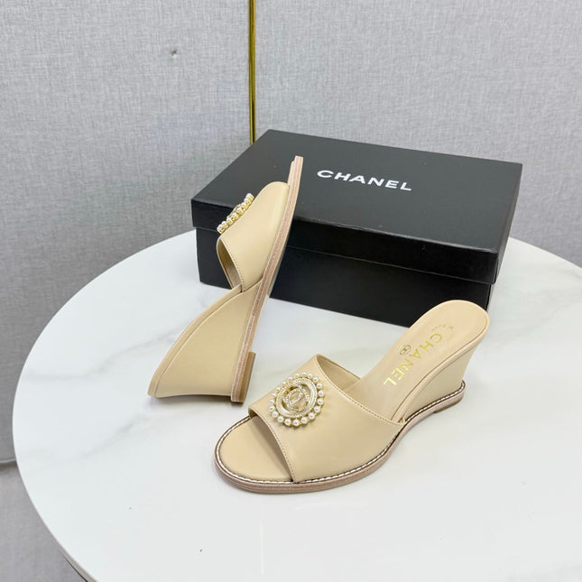 CHANEL 26S WEDGE HEELS IN BEIGE LAMBSKIN WITH CC PEARL EMBELLISHED